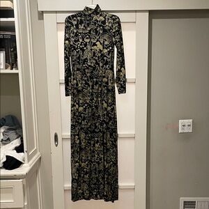 Thief & Bandit Elegant Black and Gold Floral Maxi Dress, Size L, EUC